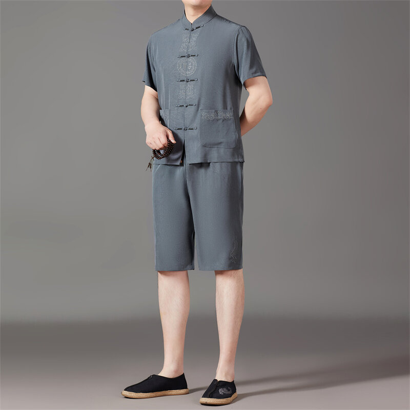 Tang Anzug chinesischen Stil für Männer High-End-Sommer dünne Hanfu dunkel zellige Stickerei Anzug Stehkragen Kurzarm Anzug