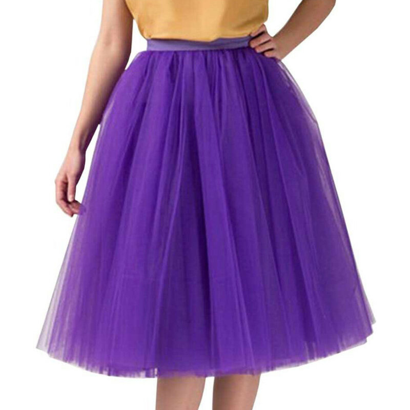 Women's Pleated Knee Mid Length Tutu Mesh Mini Puffy Tutu Dancing Skirts Solid Color Elastic Waist Fashionable Half Bodies Skirt
