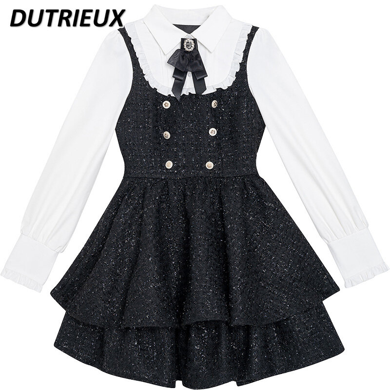 French Princess Style Sweet White Lapel Color Matching Short Dress Contrast Colors False-Two-Piece Long Sleeve Cake Dresses