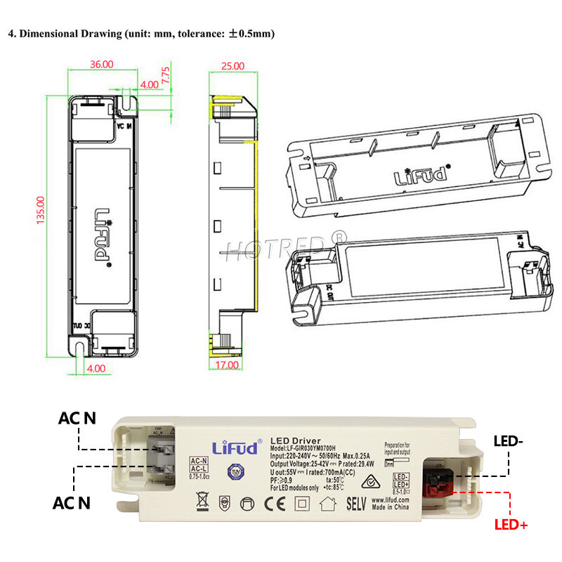 Lifud-controlador LED lf-girxxxym, 25-42V, 800mA, 900mA, 1000mA, 1050mA, 1200mA, 1300mA, 1400mA, 1500mA, 40-60W, transformador de fuente de alimentación LED