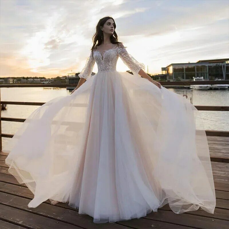 V-Ausschnitt Blase Ärmel Hochzeits kleid Illusion Perlen Brautkleider Französisch langen Schwanz Tüll Temperament schlank