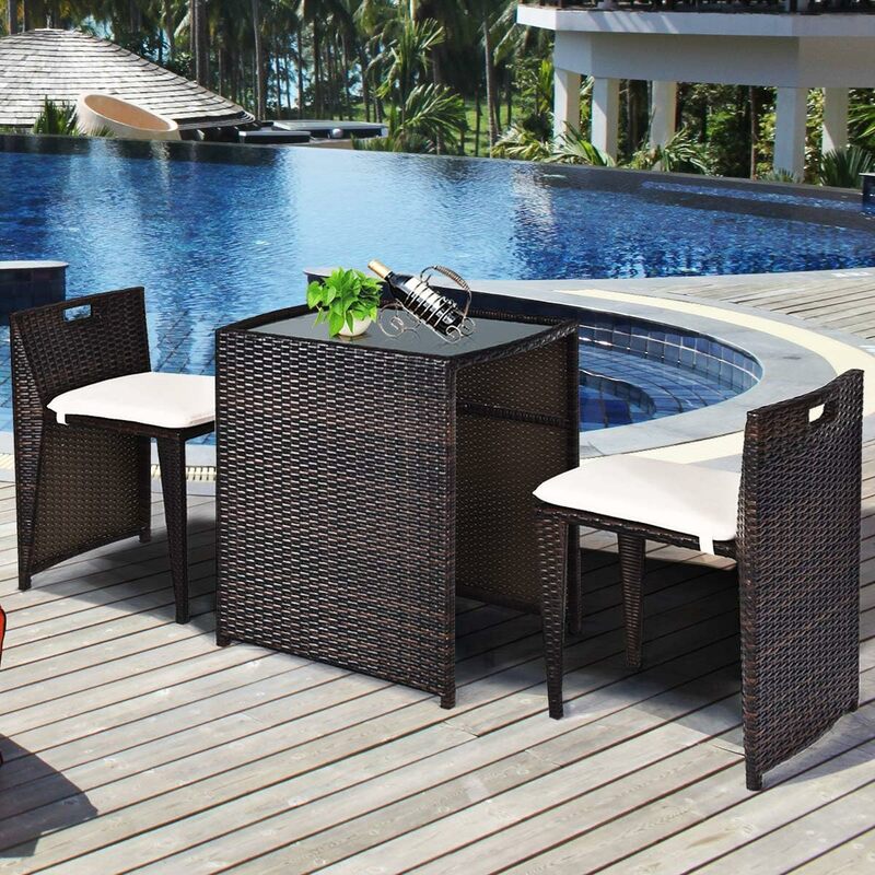 3 Piece Outdoor Rattan Dining Set, Patio Bistro Set with Tempered Glass Table,Space Saving Wicker Cushioned Chair Furniture Set