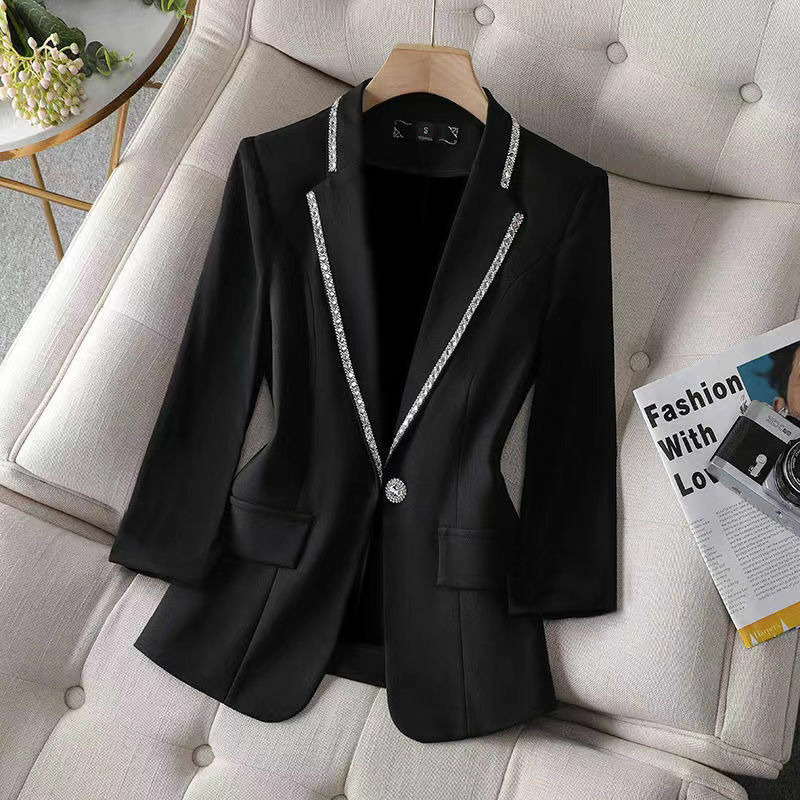 2023 New Spring and Autumn Temperament Commuting Simple Diamond Embedding Suit Collar Single Button Slim Fit Long Sleeve Suit