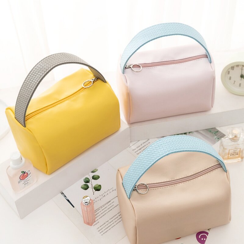 Women Waterproof Cosmetic Bag with Handle PU Candy Colors Travel Makeup Bags Portable Make Up Pouch Toiletry Storage Organizer