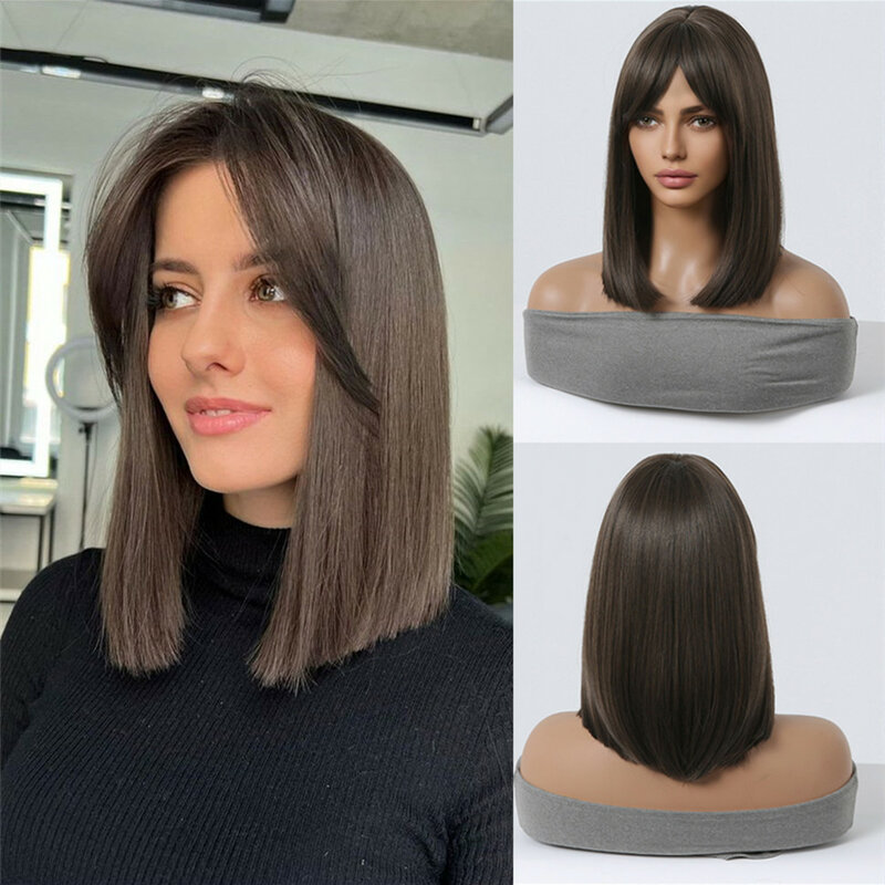 Dark Brown Straight Shoulder Length Synthetic Wigs with Side Parted Bangs for Women Daily Party Cosplay Heat Resistant Fiber