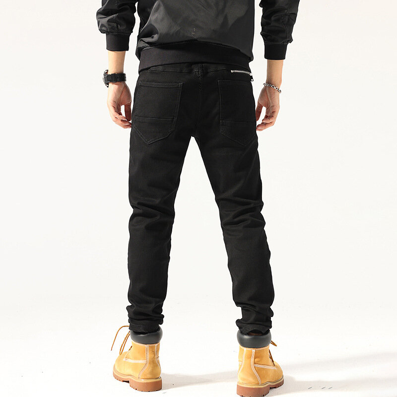 Streetwear moda uomo Jeans colore nero Stretch Slim Fit impiombato Designer Biker Jeans Homme tasca con cerniera pantaloni Hip Hop Hombre