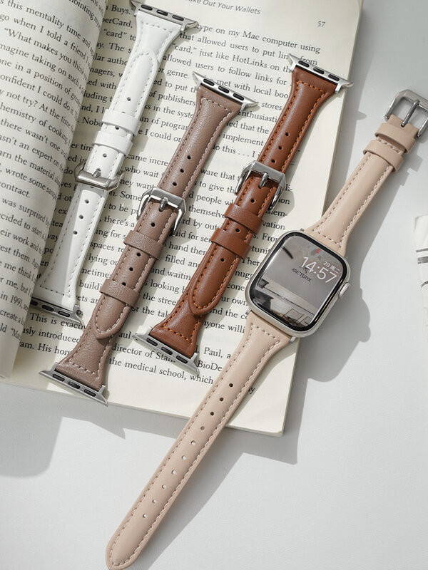 Ремешок кожаный для Apple Watch Band 44 мм 40 мм 41 мм 42 мм 38 мм 49 мм 44 мм, тонкий браслет для apple watch 8 45 мм Ultra 9 7 se 3 4 6