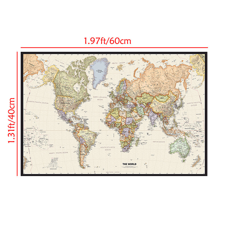 60*40cm Retro mapa świata ze szczegółami obraz na płótnie plakat artystyczny ścienny dla materiałów edukacja szkolna Decoratio