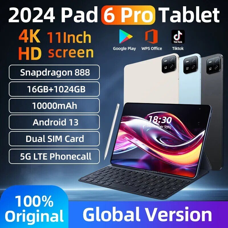 Новинка 2024, оригинальные планшеты HD 4K Pad 6 Pro, ПК Snapdragon 888, 16 ГБ + 1024 ГБ, 10000 мАч, Android 13, 11 дюймов, глобальная версия WIFI Mi
