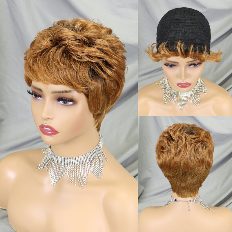 Peruca curta de corte Pixie para mulheres, cabelo remy brasileiro reto, cor marrom, cabelo humano, perucas feitas à máquina