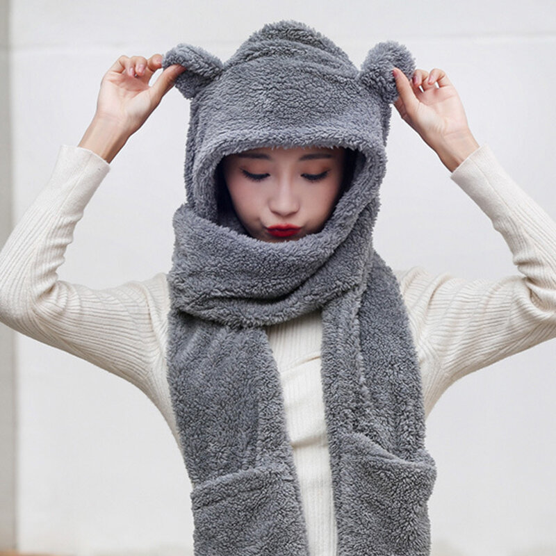 Luvas e cachecol de proteção de orelha feminina, tudo em um, fofo, com capuz, luxuoso, quente, maré coreana, feminino, outono, inverno