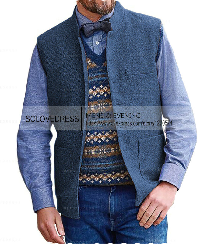 Stand Collar Men's Suit Vest Middle-Long Style Herringbone Wool Tweed Business Formal Waistcoat Groossmen For Wedding