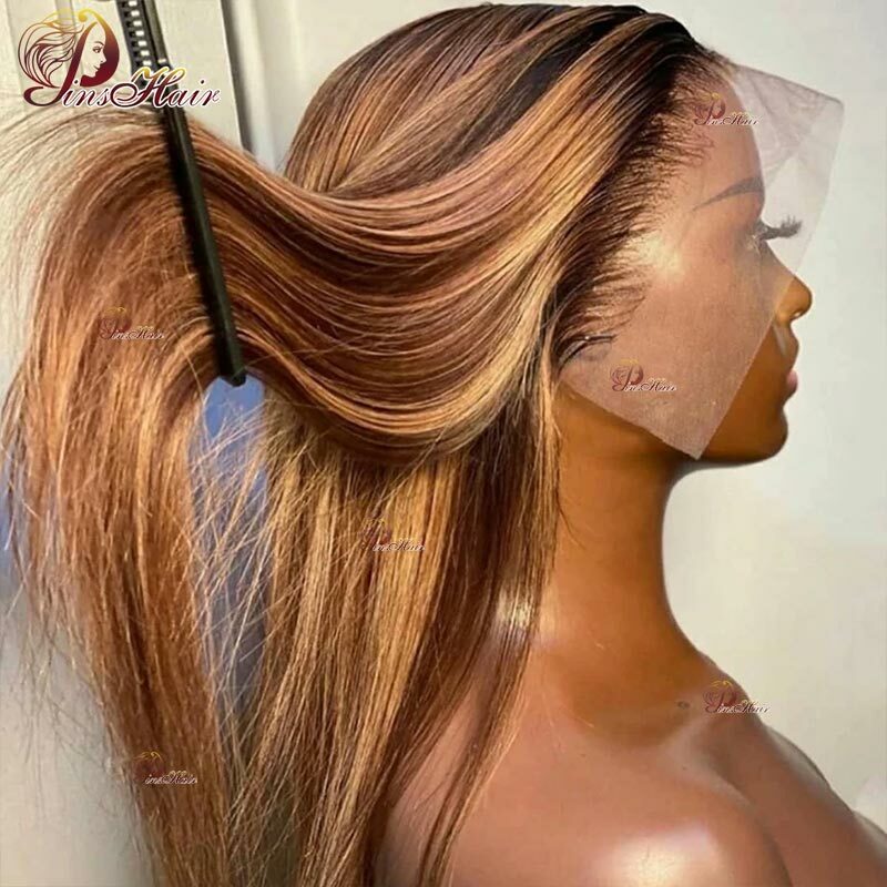 Honey Blonde Highlight Straight Lace Frontal peruca de cabelo humano para mulheres, pré-arrancadas, coloridas, Remy, P4, 27, 13x6
