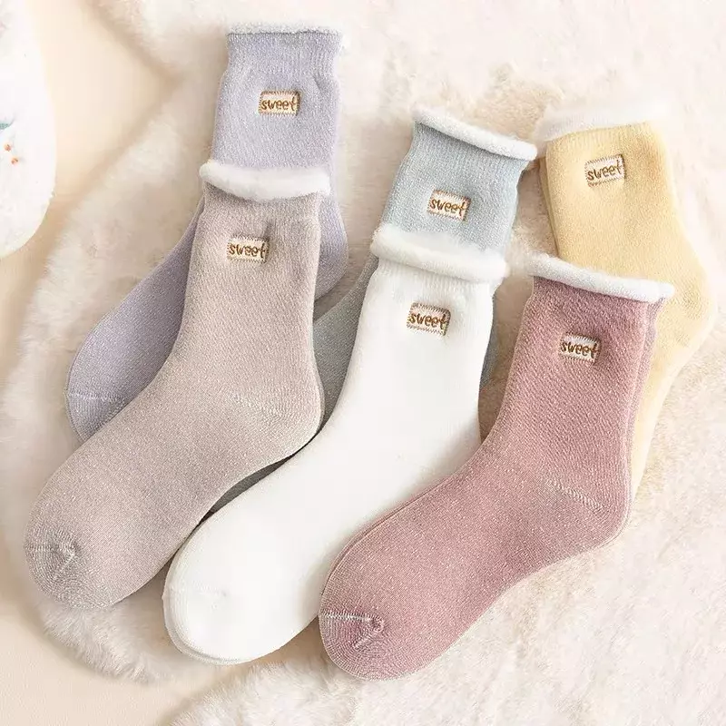 Doce bordado engrossar meias para mulheres, meninas, casual, térmica, meias de tubo médio, inverno, quente, algodão, malha, chão, dormindo, Snow Sox