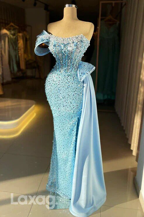 Plus Size Arabic Aso Ebi błękitny luksusowy syrenka suknie balowe z paskiem wysadzanym kryształkami wieczorowa, formalna przyjęcie drugie urodziny