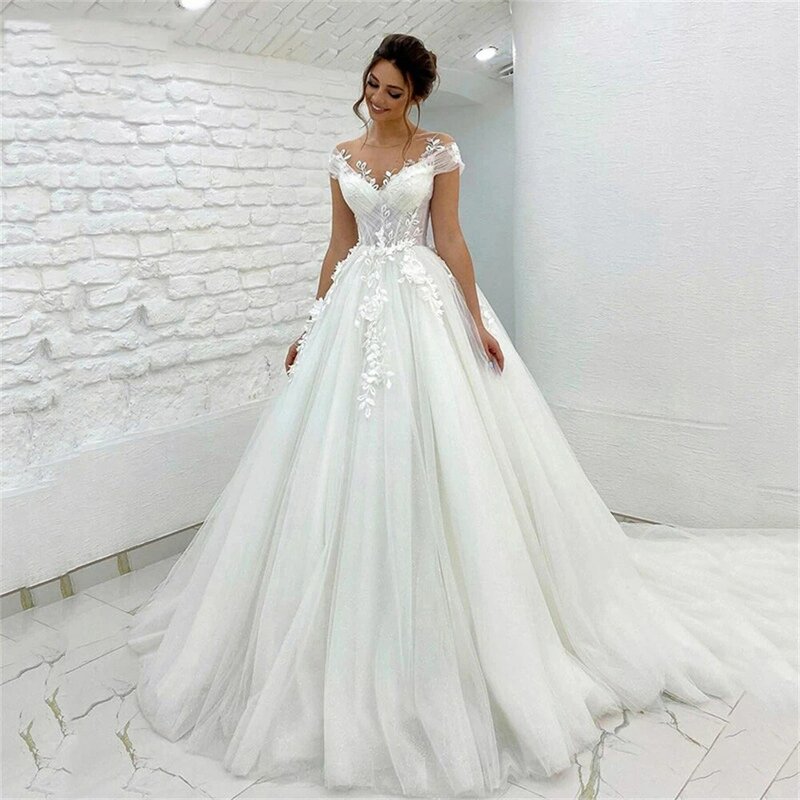 Precioso vestido de novia sin mangas con hombros descubiertos, romántico, cuello en V, línea A, esponjoso, elegante y bonito, 2023