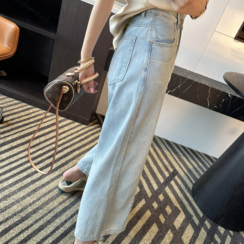 Nowe eleganckie uniwersalne proste dżinsy damskie luźne drapowanie szerokie nogawki wycierające jeansy proste nogawki na co dzień luksusowy styl jeansy
