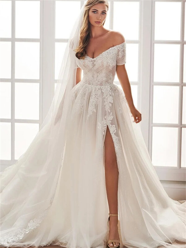 Женское свадебное платье до пола It's yiiya, белое элегантное платье-трапеция с открытыми плечами и Боковым Разрезом на лето 2024