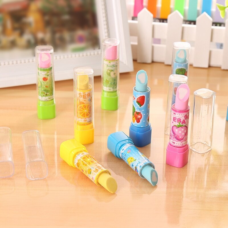 Rotatable Lipstick Rubber Erasers Fashion All-Purpose Fruit Erasers for Classroom Xmas Birthday Present Stocking Stuffer