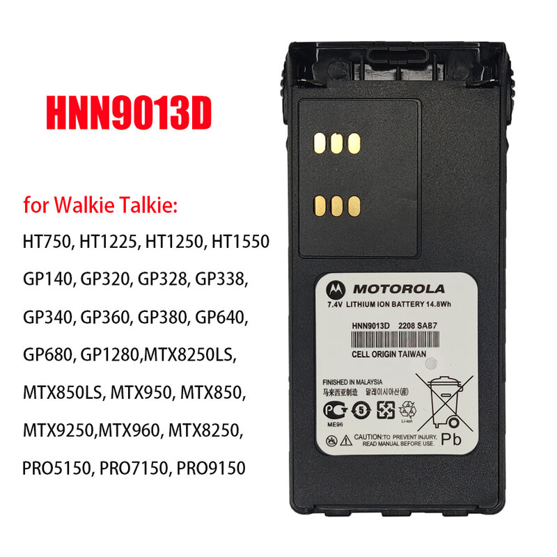 Bateria do Li-íon compatível com rádios em dois sentidos, HNN9013D, 2000mAh, GP340, GP380, GP640, GP680, HT1250, HT750, GP328, PRO5150, MTX850, PR860