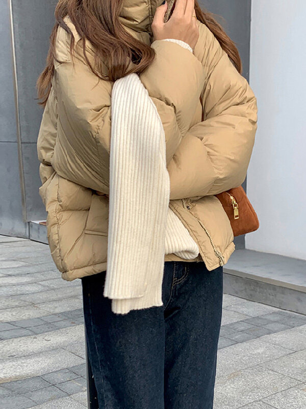 Thinken-Parka de manga larga con cuello alto para mujer, chaqueta acolchada de algodón, abrigo cálido de PU para mujer, moda de invierno, 2023
