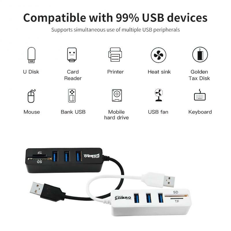 USB 2.0 Hub Combo para PC, 3 Port Splitter Expansor, Docking Station, SD e TF Card Reader, Memory Card Reader, Adaptador para PC, tudo em um