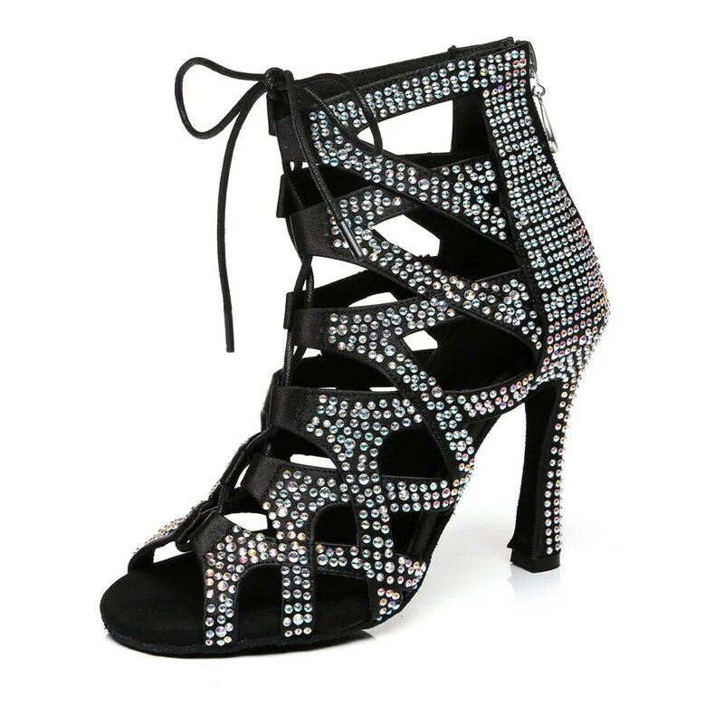 Juerting-zapatos de baile latino para mujer, botas de baile de seda con diamantes de imitación, suela suave, tacón medio alto, 2022