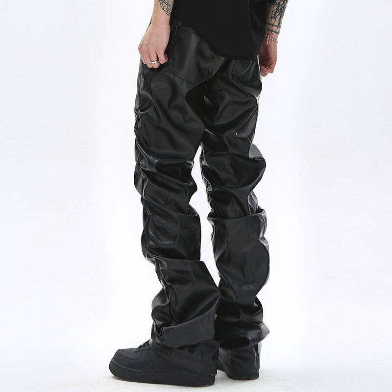 Hip hop mens plissado calças de couro pu harajuku retro streetwear solto ruched calças casuais em linha reta cor sólida calças pretas