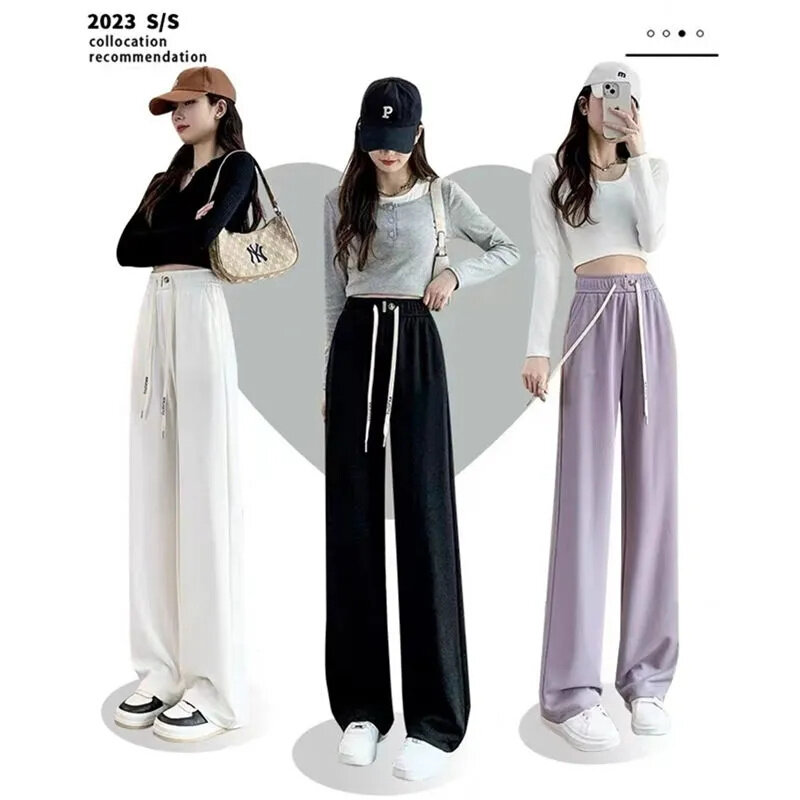 2023 New Summer Ice Silk Narrow Edition Wide Leg Pants Women's Slim Casual Floor Dragging Pants With A Sagging Straight Leg
