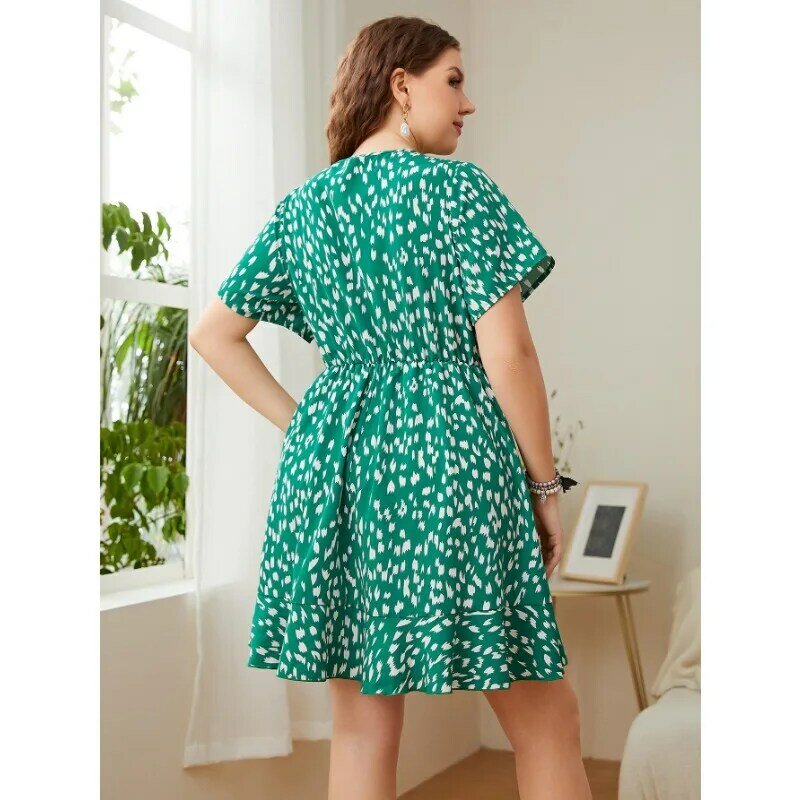 WSFEC XL-4XL Plus Size Dresses Summer Women Clothing Green Short Sleeve Bandage Round Neck Loose Casual Elegant Midi Dress