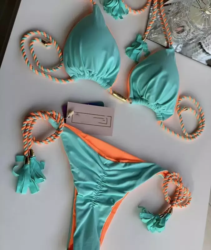Nowe damskie Bikini bez pleców trójkątny strój kąpielowy liny wielokolorowe