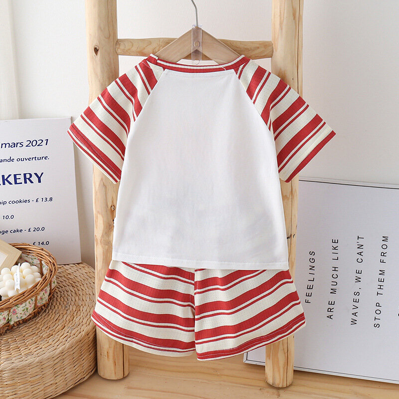 Zomer Koreaanse Baby Jongens 2 Stuks Kleding Set Raglan Korte Mouw Franse Patat Print Tops Gestreepte Shorts Pak Pasgeboren Jongens Outfits