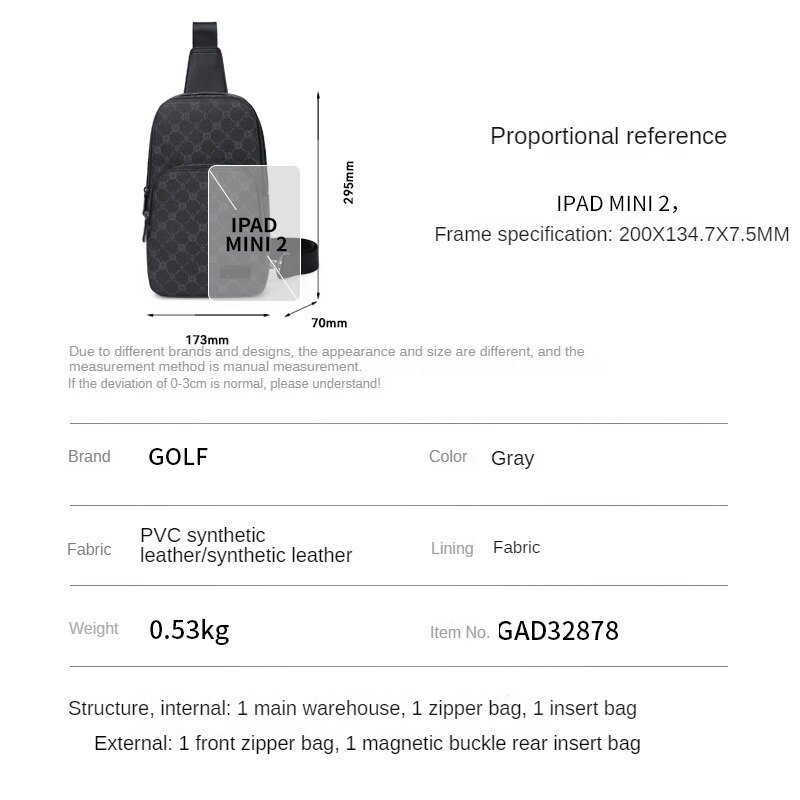 Bolsa tiracolo de golfe de grande capacidade, bolsa masculina de ombro e peito, mochila casual elegante e simples, nova