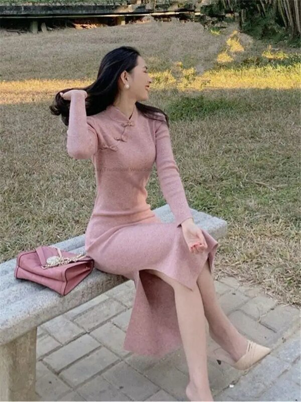 Vintage chiński długa, dzianinowa elastyczny dopasowany do ciała Cheongsam kobiety Qipao Sexy Vestidos chińska elegancka sukienka P1