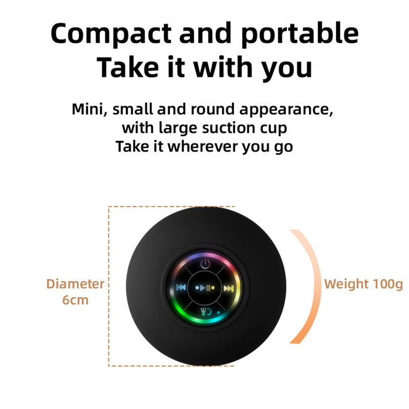 Portable Suction Cup Waterproof-Compatible Shower Speaker LED Light Surround Stereo Subwoofer Wireless 5.0 Speaker