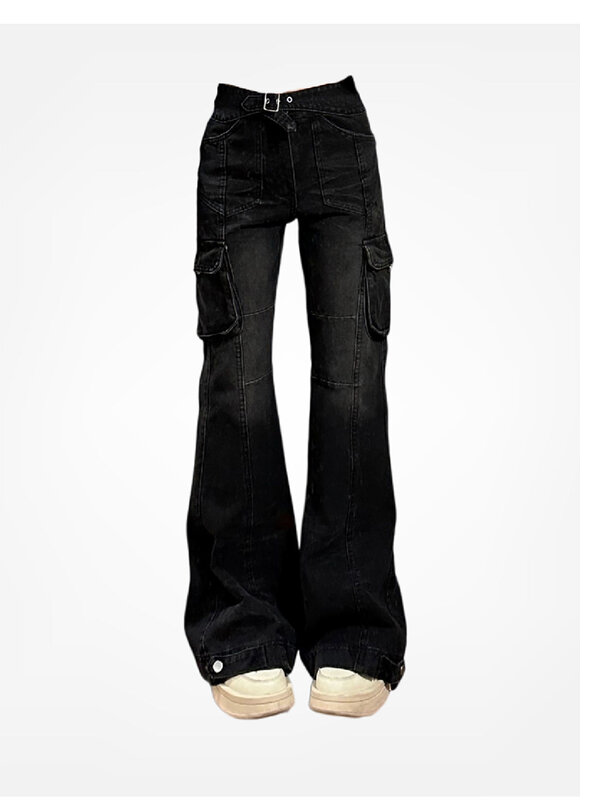 High Street Office Lady schwarze Flare Jeans schlanke Schlag hosen Gyaru Mode Jeans hose mehrere Taschen 1920er Jahre American Retro