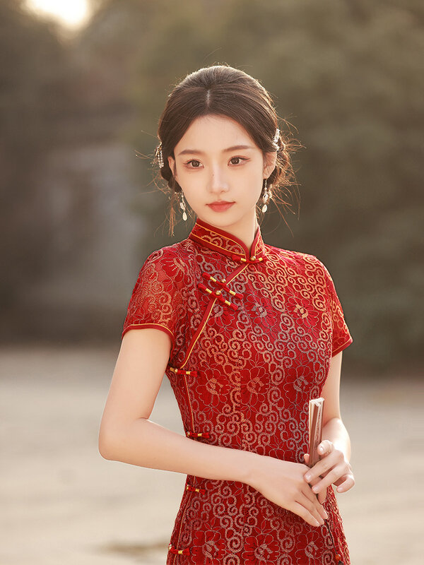 Women Red Lace Qipao Chinese Dress Modern Improved Cheongsam Retro Elegant Floral Dress
