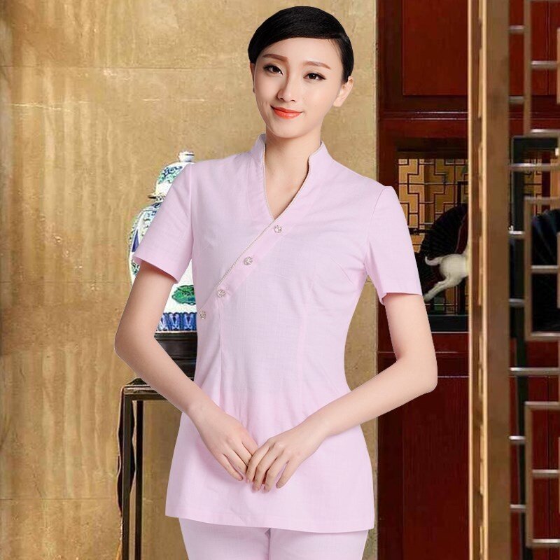Health Club Work Clothing Female Teahouse Waitress Clothes Beauty Salon SPA Uniform 2piece Set Embroider DIY Uniforms