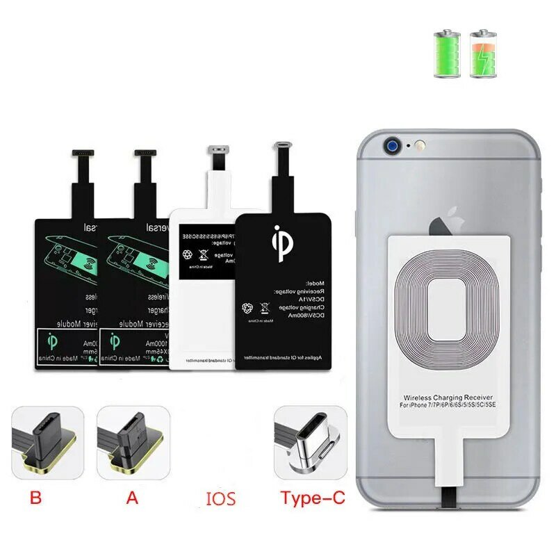 Adaptador de carga inalámbrica para teléfono Android, adaptador de carga rápida Qi Receptor de Cargador Inalámbrico, MicroUSB tipo C, compatible con iPhone5-7