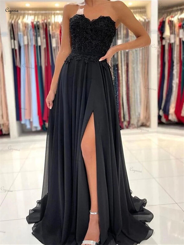 Ciynsia-Vestidos de Fiesta de encaje negro con escote Corazón, apliques largos, línea A, vestido Formal de gasa, vestidos de noche con abertura Sexy