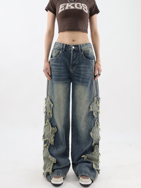American Retro Washed Wide-Leg Star Patch Jeans Women High Street Y2K Niche Design Loose Straight Denim Pants