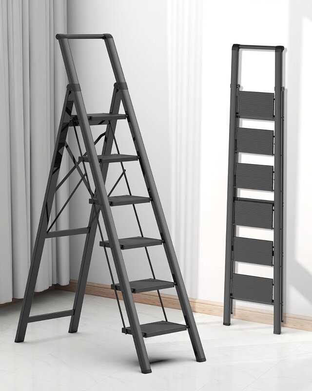 6-Stufen-Leiter für 12 Fuß hohe Decke, klappbarer Tritt hocker mit Handgriff und rutsch festes, breites tragbares Zuhause (300 lbs Kapazität)-schwarz
