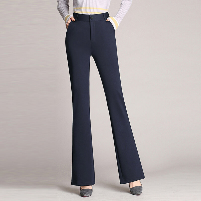 Klassieke Vintage Hoge Taille Flare Broek Voor Vrouwen Stretch Pak Stof Casual Broek Kantoor Dame Rechte Broek Plus Size S-4XL
