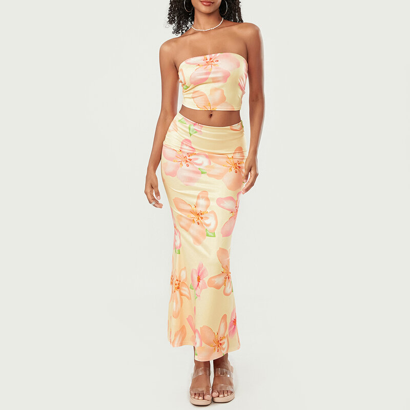 Thorn Tree Women 2 Piece Long Skirt Sets Strapless Crop Tube Top Bodycon Midi Maxi Skirts Y2k Two Piece Outfit Beachwear 2024