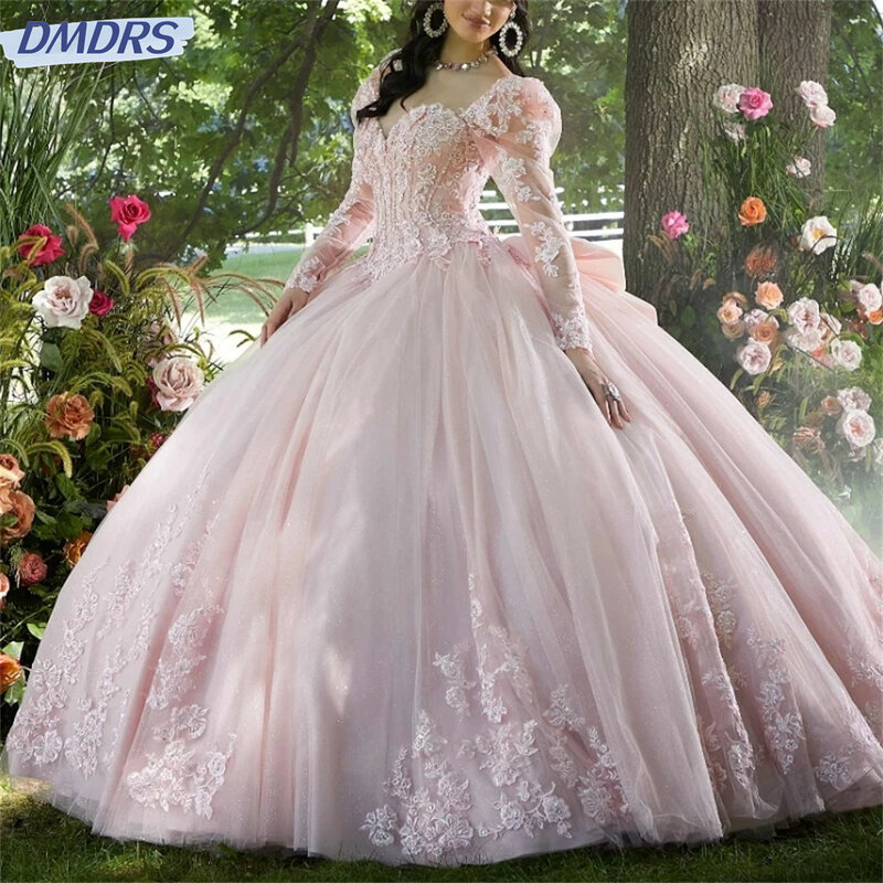 Gaun pesta kekasih berkilau merah muda romantis gaun Quinceanera menawan dari bahu Applique korset manik-manik renda Vestidos