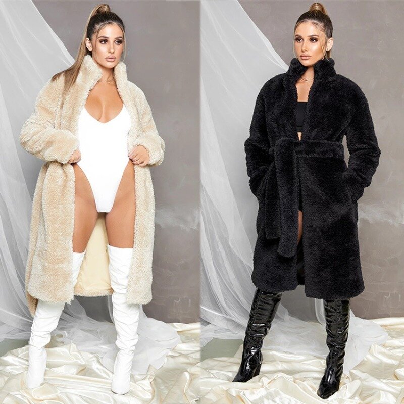 女性のフェイクファールーズぬいぐるみコート、秋冬コート、暖かさスタンドアップカラー、ベルト装飾服、S-3XL