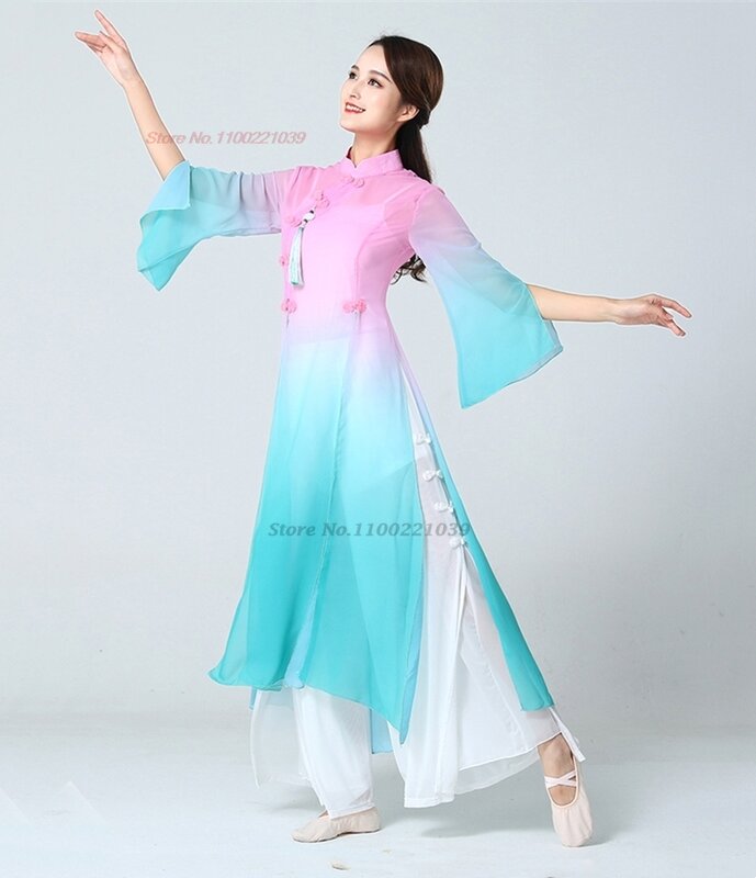 2024 gaun tari peri antik Tiongkok gaun qipao jaring warna gradien Nasional + Celana set Gaun rakyat kostum pentas panggung