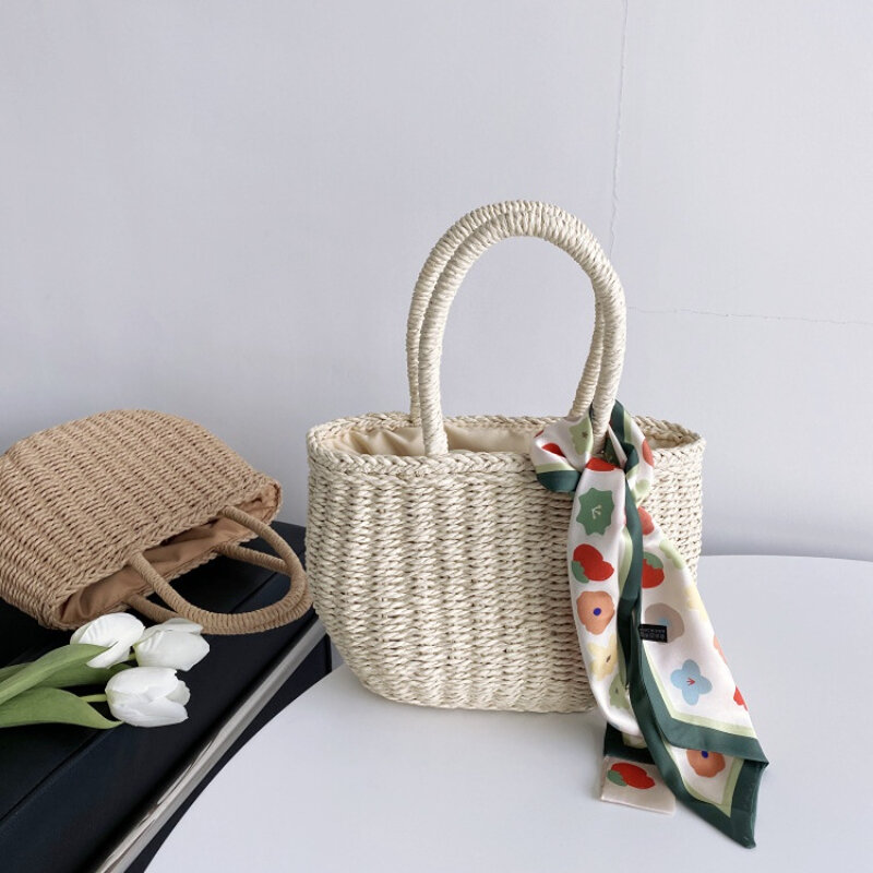 Women's Handbag Summer Hot Straw Bag Pastoral Bucket Bags Seaside Tote Bag Hand-woven Beach Bag Handbag Shopping Casual Bag