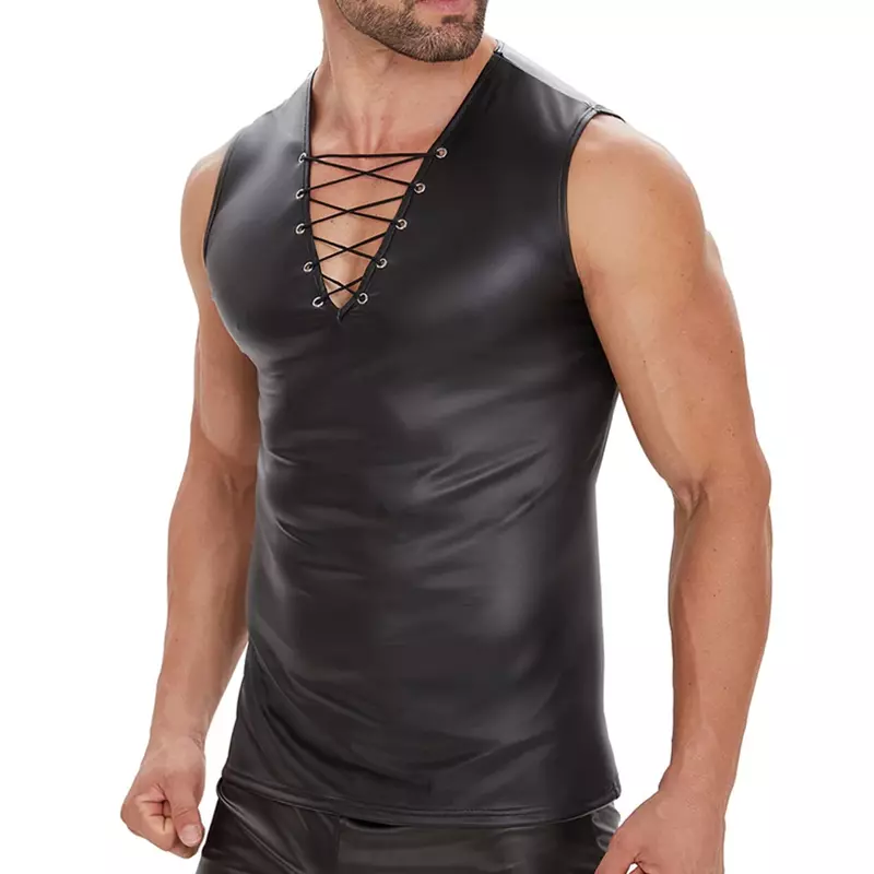 เสื้อกล้ามหนัง PU สำหรับผู้ชายเซ็กซี่เสื้อกล้ามกระชับรูปร่างทรงฝักแขนกุดเสื้อกล้ามคอวีหนังนิ่มสำหรับยิมฟิตเนส