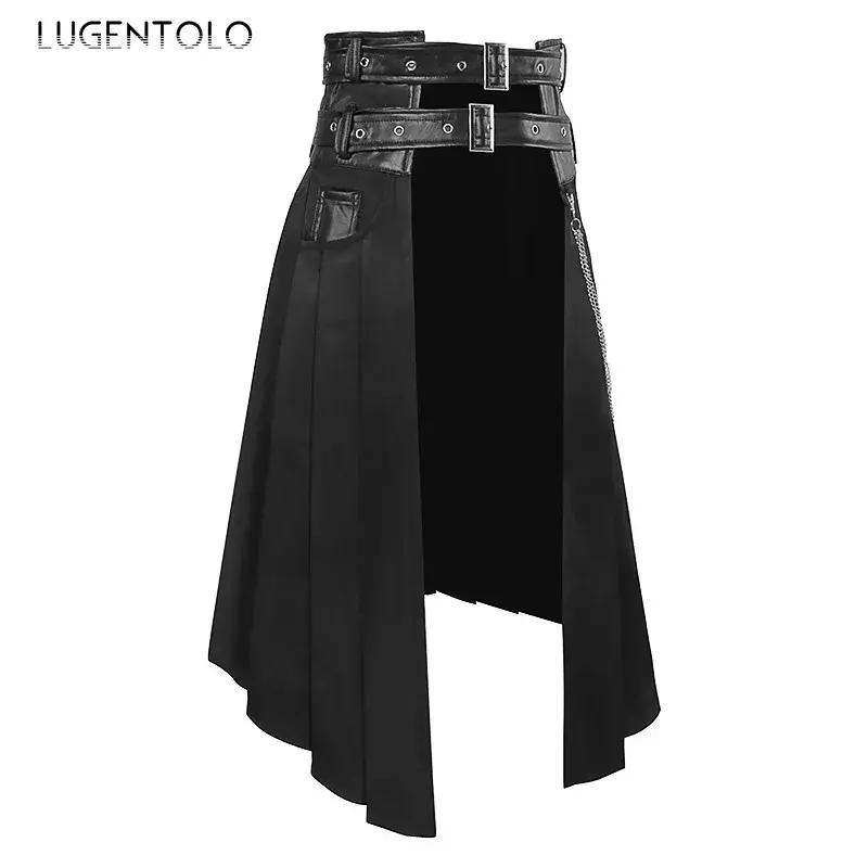 Lugentolo 남성용 펑크 플리츠 스커트, 다크 스팀 고딕 비대칭 록 파티, 블랙 체인 댄스 패션, 뉴 스커트